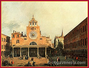 Veduta settecentesca di Campo San Giacometo, del Canaletto, con al centro la chiesa